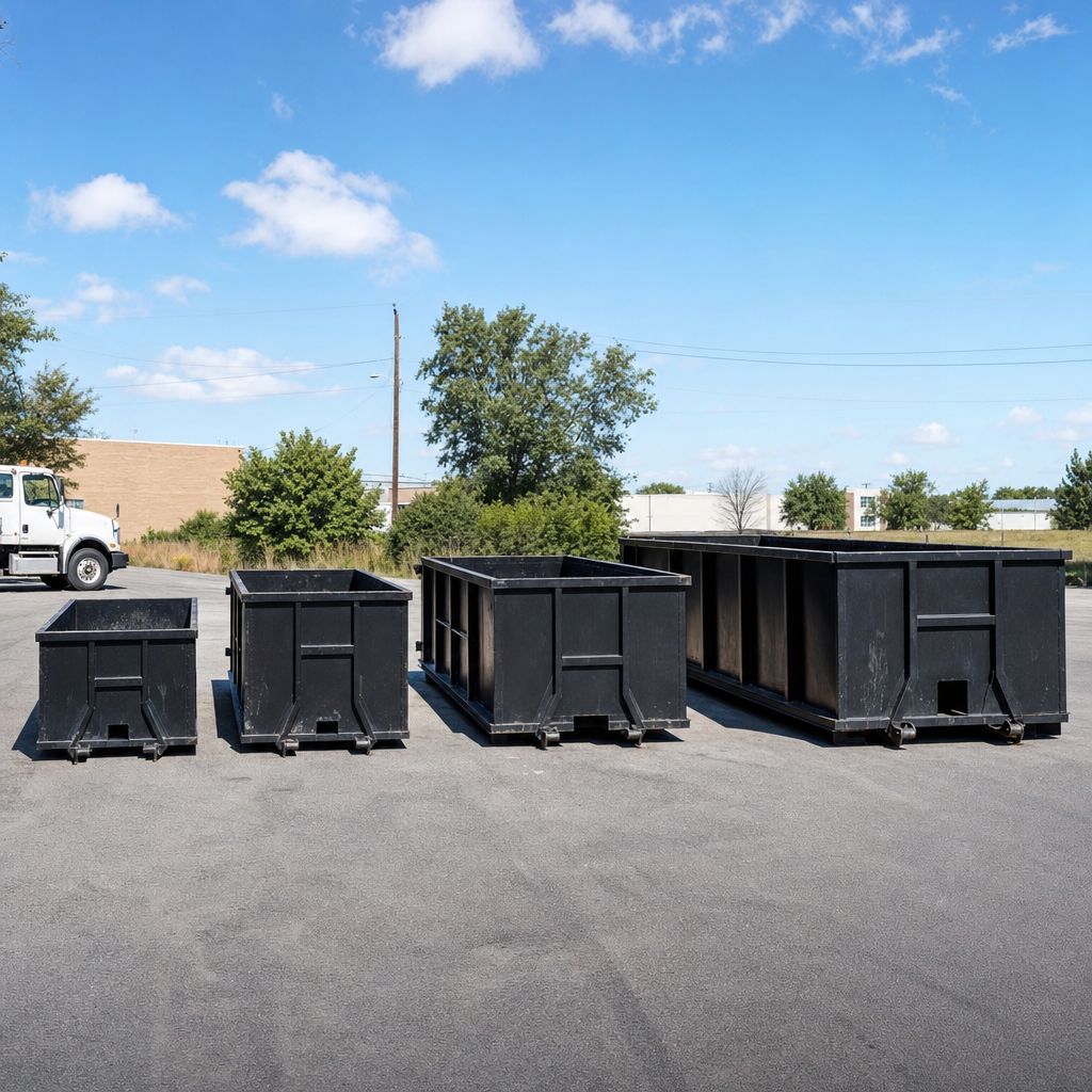 10, 15, 20 and 30-yard roll-off dumpsters side by side, sizes available in Rhode Island, RI