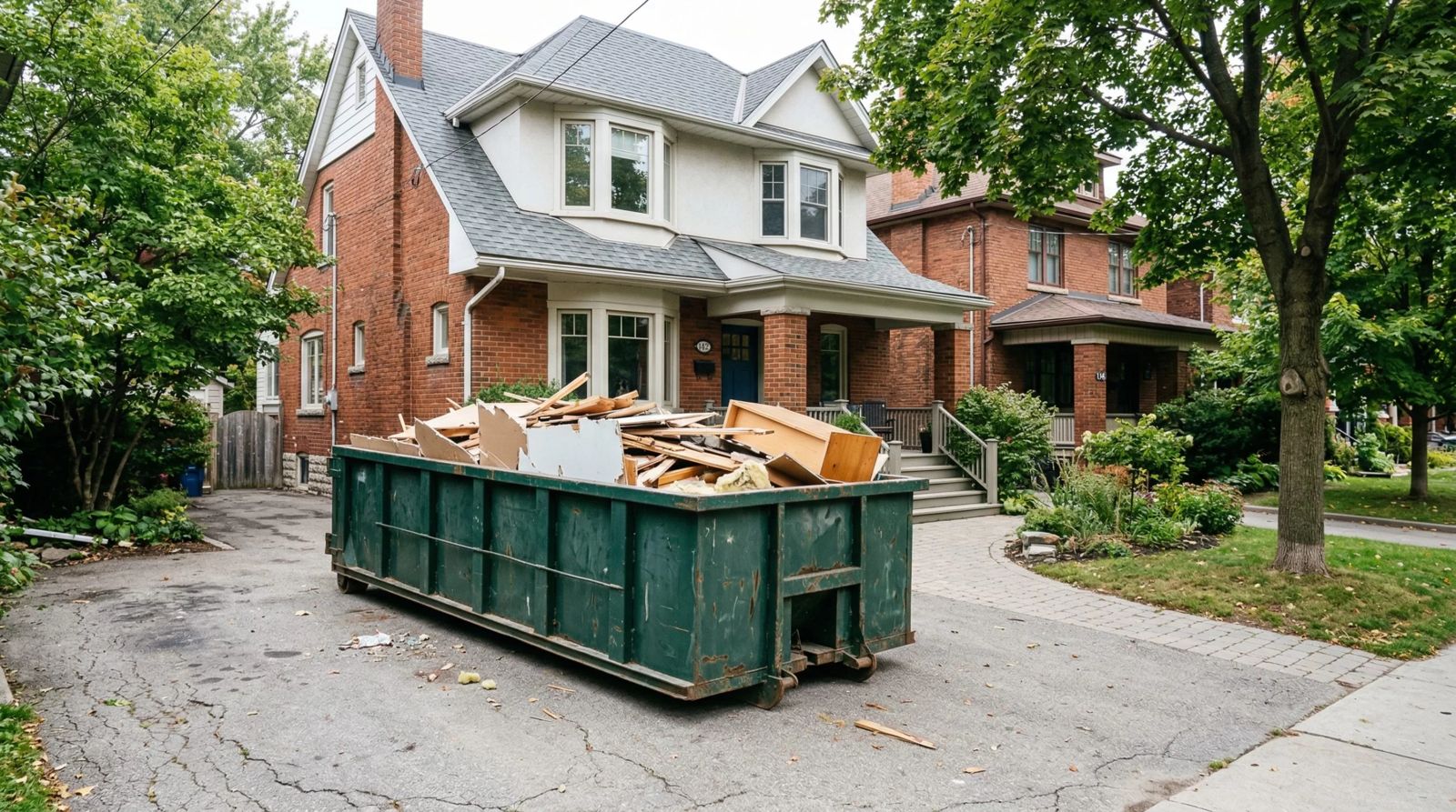 Green roll-off dumpster full of renovation debris outside a brick home in Rhode Island, RI